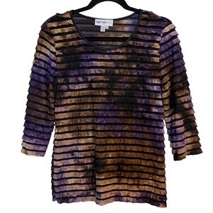 VTG Y2K Ruffle Tie Dye Shirt 3/4 Sleeve Brown Purple Med Fairy Grunge Goblincore